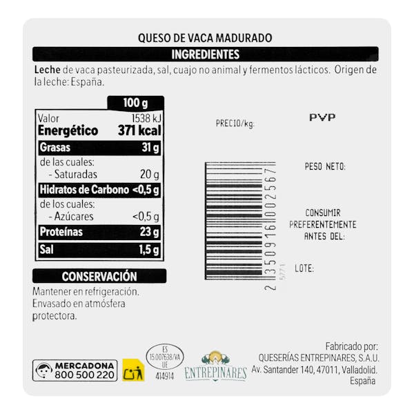 Queso tierno de vaca Hacendado cortado en cuñitas