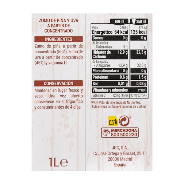 Zumo de piña y uva Hacendado