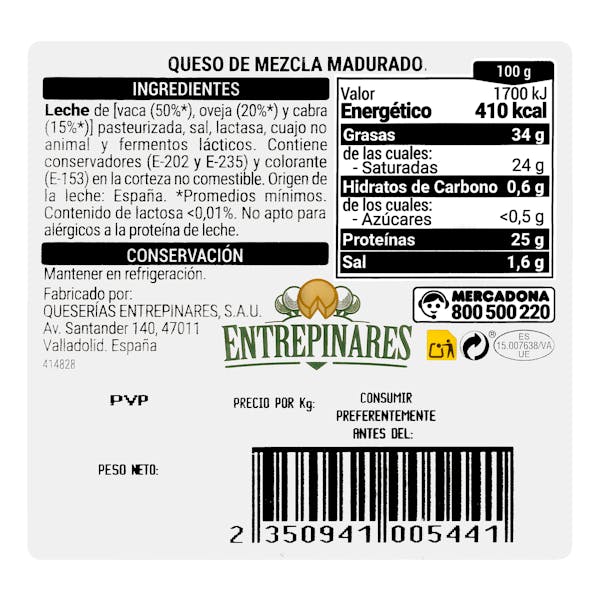 Queso semicurado sin lactosa mezcla Hacendado