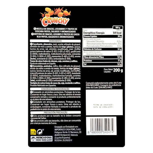 Cocktail frutos secos Crunchy Hacendado sabores a barbacoa, Tex-Mex, miel y sal