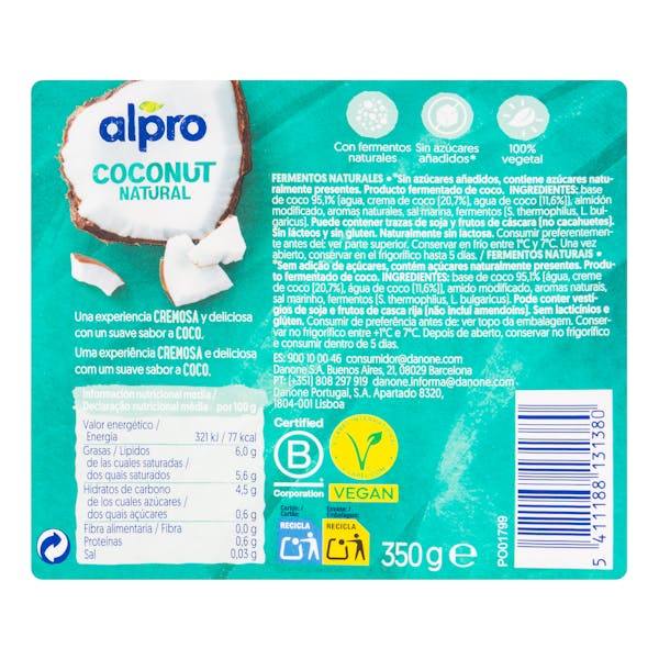 Postre de coco natural Alpro sin azúcares añadidos