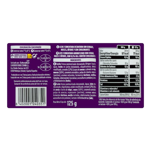 Bífidus con nueces y cereales probióticos Hacendado 0% MG