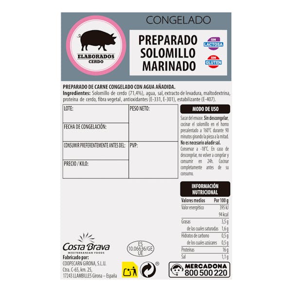 Solomillo de cerdo marinado congelado