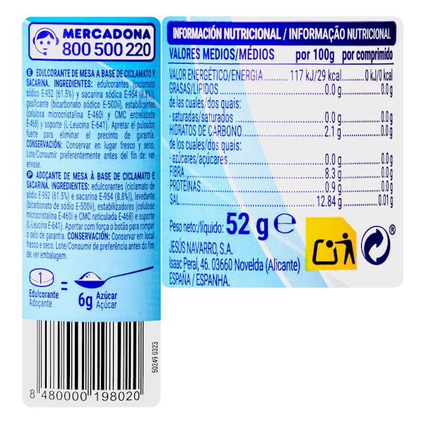 Edulcorante en pastillas sacarina Hacendado