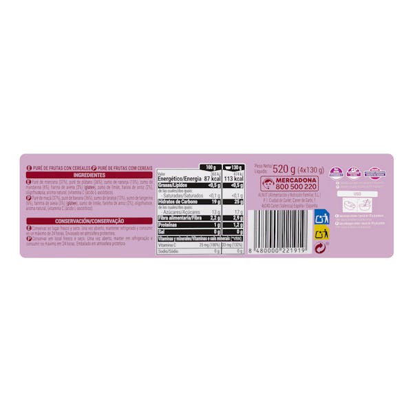 Papilla frutas con avena Hacendado +8 meses