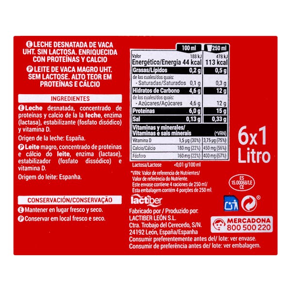 Leche desnatada +Proteínas & calcio