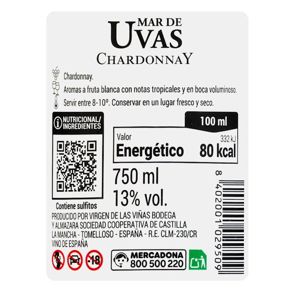 Vino blanco Chardonnay Mar de Uvas