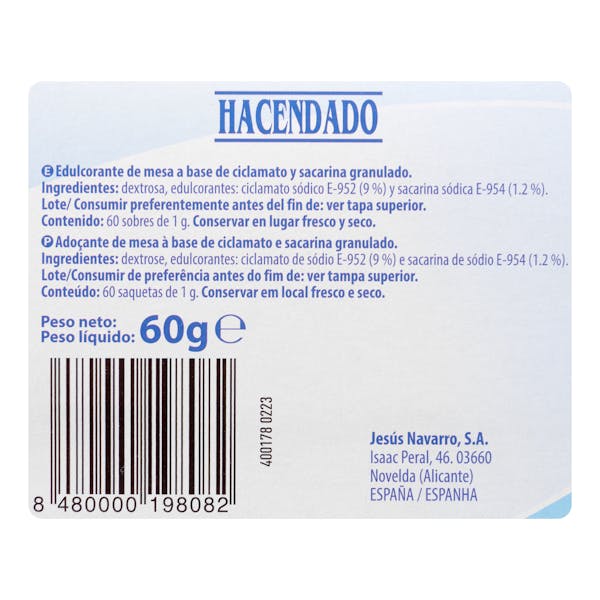 Edulcorante sacarina en sobres Hacendado