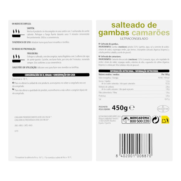 Salteado de gambas, espárragos verdes, ajos tiernos, champiñón y cebolla Hacendado ultracongelado