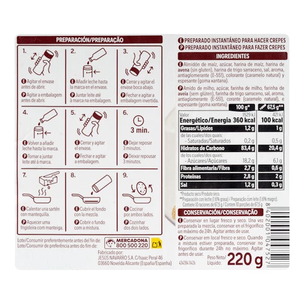 Preparado en polvo instantáneo para crepes Hacendado