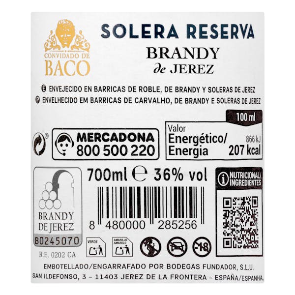 Brandy de Jerez solera reserva Convidado de Baco