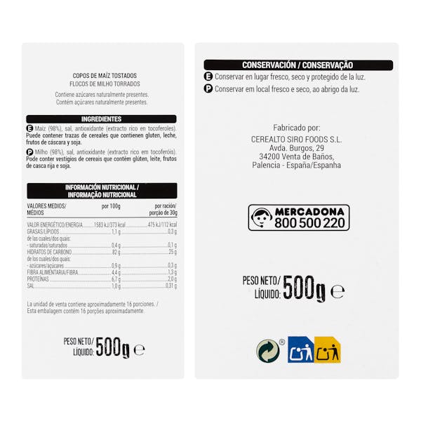 Cereales copos de maíz Corn Flakes Hacendado 0% azúcares añadidos