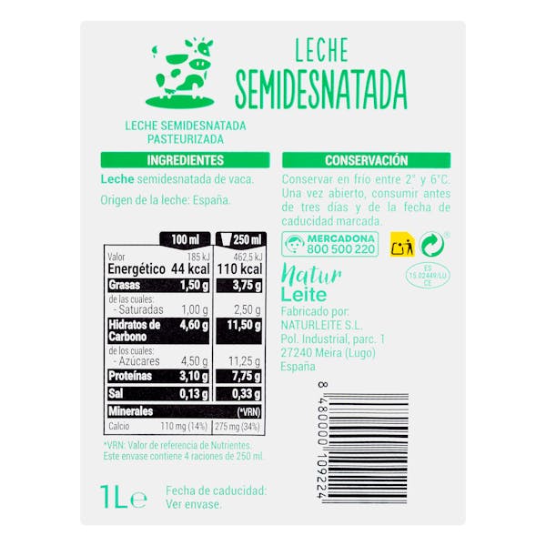 Leche semidesnatada Hacendado