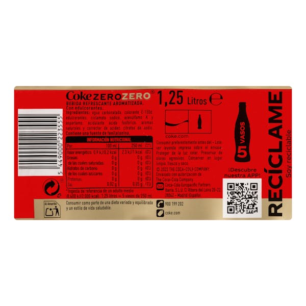 Refresco Coca-Cola zero azúcar zero cafeína