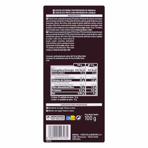 Chocolate negro 72% cacao Hacendado con trozos de naranja