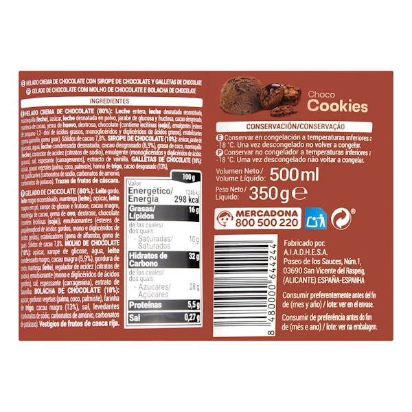 Helado choco cookies Hacendado con sirope y galletas de chocolate