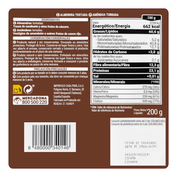 Almendra tostada Hacendado 0% sal añadida con piel