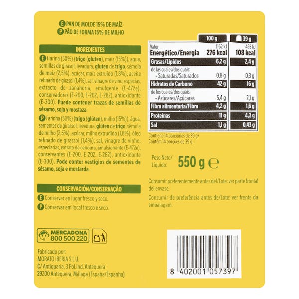 Pan de molde 15% maíz Hacendado