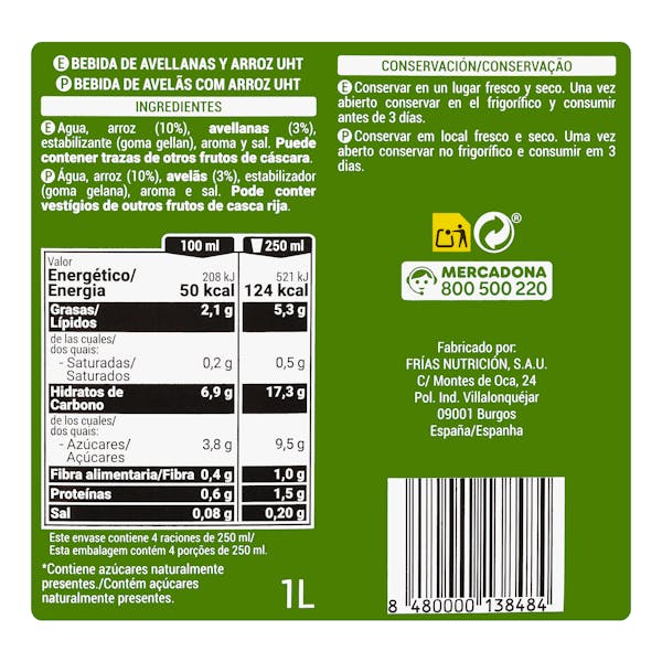 Bebida de avellana y arroz sin azúcares añadidos Hacendado