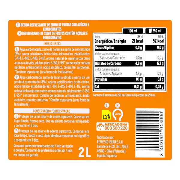 Refresco de naranja Hacendado fresh gas