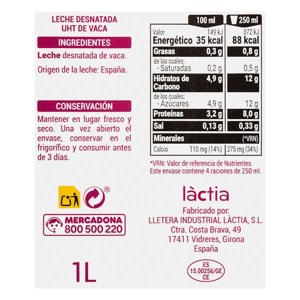 Leche desnatada Hacendado