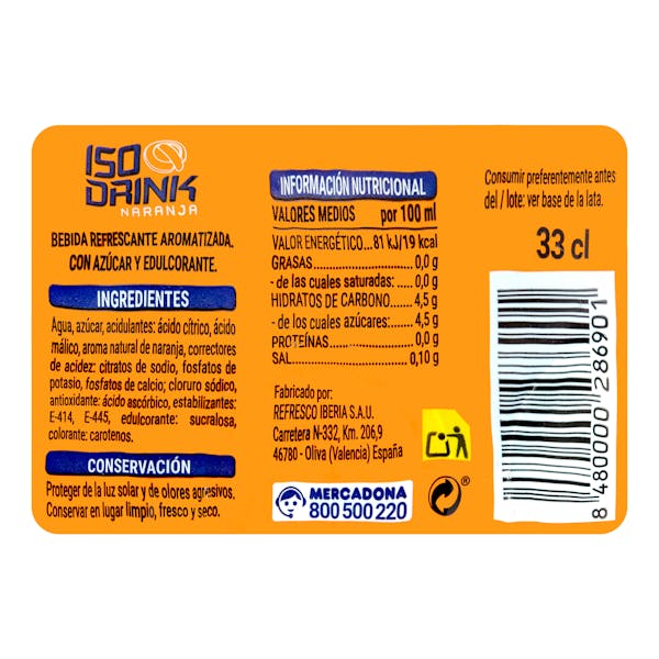 Bebida isotónica de naranja Iso drink