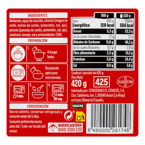 Garbanzos a la riojana Hacendado