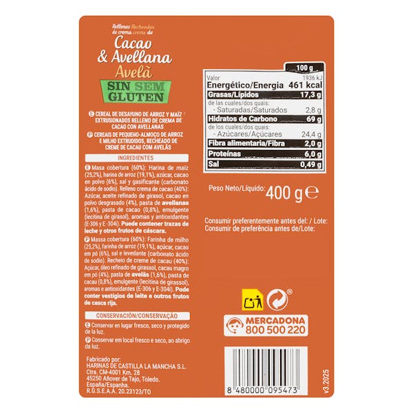 Cereales rellenos de crema de cacao y avellana Hacendado sin gluten