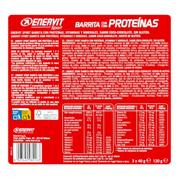 Barritas con proteínas sabor coco y chocolate Enervit Sport