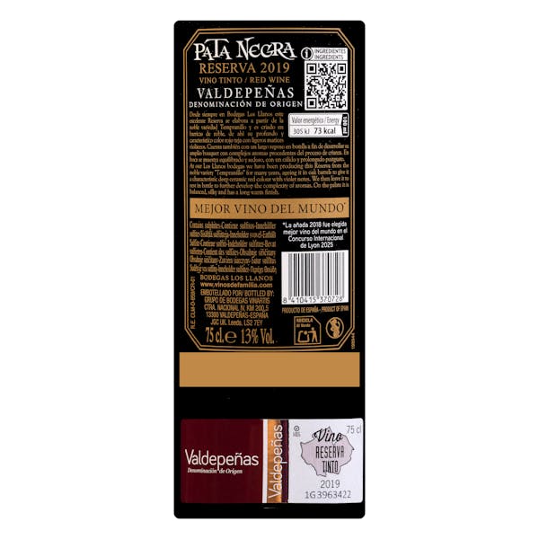 Vino tinto tempranillo reserva Pata Negra DO Valdepeñas