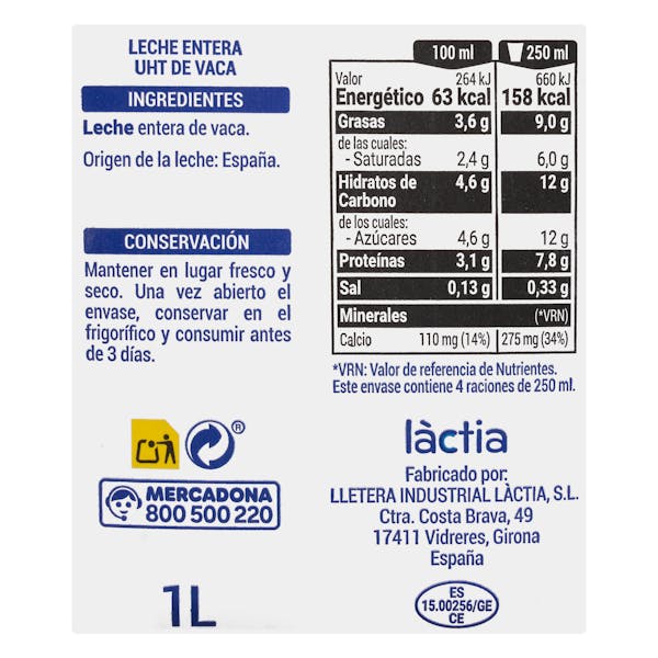 Leche entera Hacendado