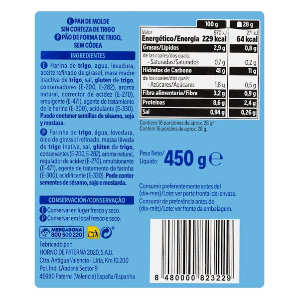 Pan de molde blanco sin corteza Hacendado