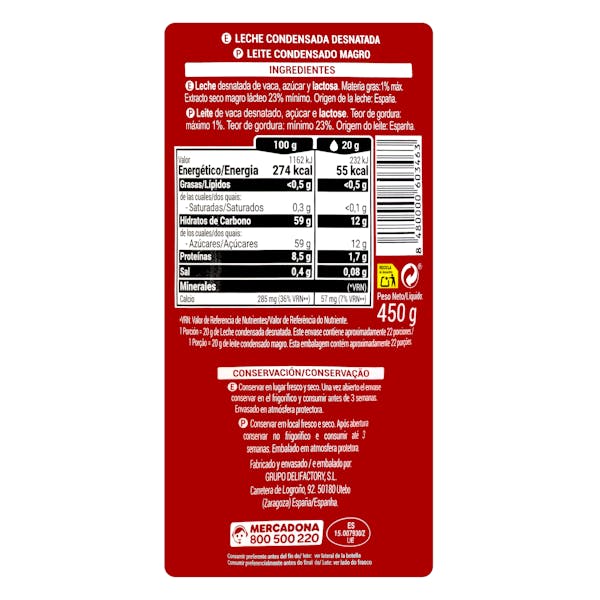 Leche condensada desnatada Hacendado
