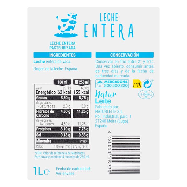 Leche entera Hacendado