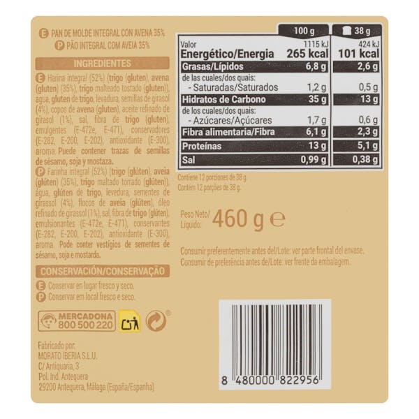 Pan de molde con 35% avena Hacendado 0% azúcares añadidos con harina 100% integral