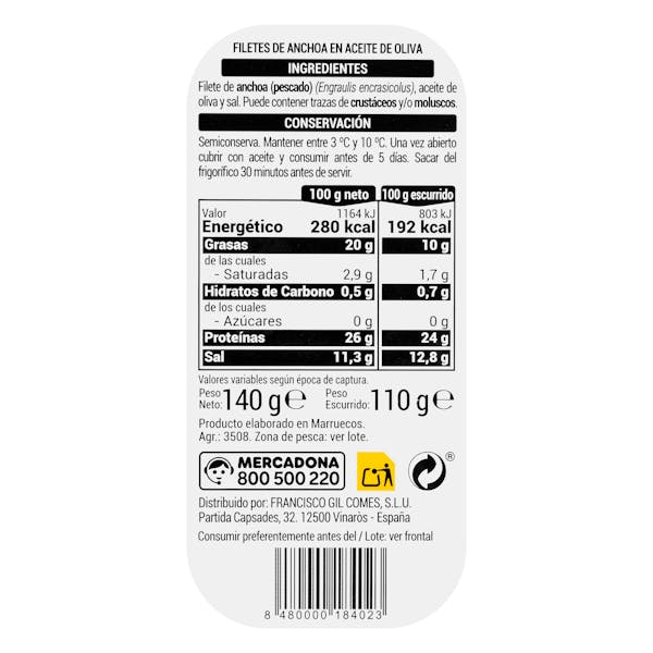 Filetes de anchoa en aceite de oliva Hacendado