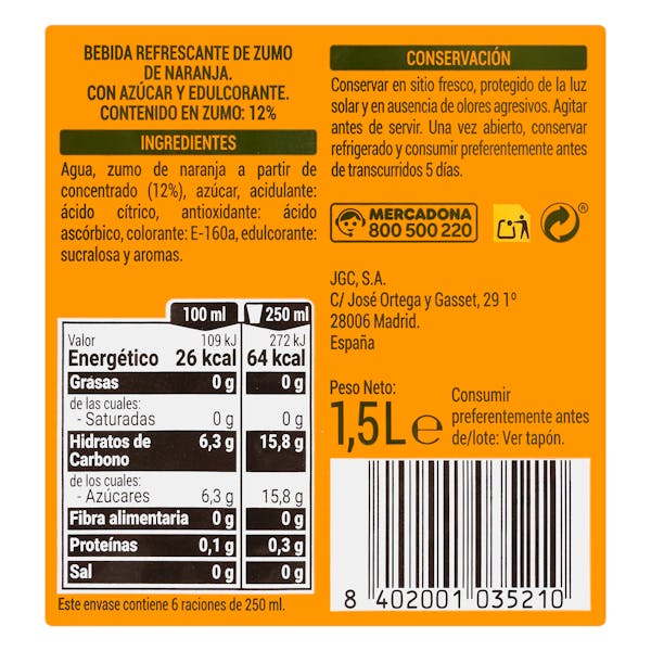 Refresco sin gas de naranja Hacendado