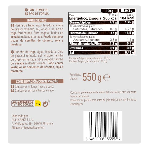 Pan de molde blanco natural rústico Hacendado