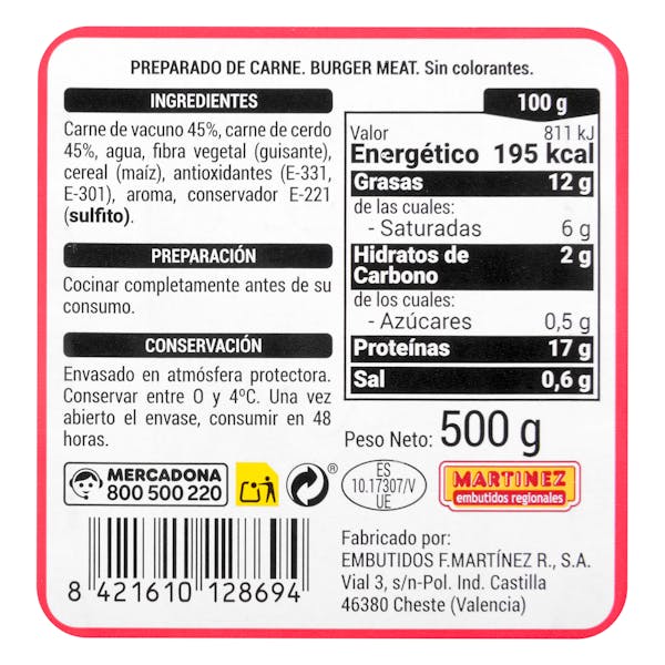 Preparado de carne picada vacuno y cerdo