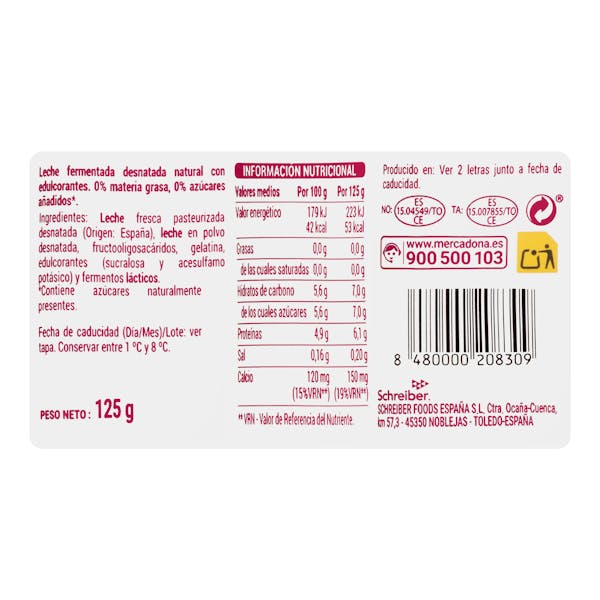 Postre lácteo cremoso natural edulcorado Hacendado 0% MG 0% azúcares añadidos
