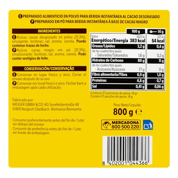 Cacao soluble instantáneo Hacendado