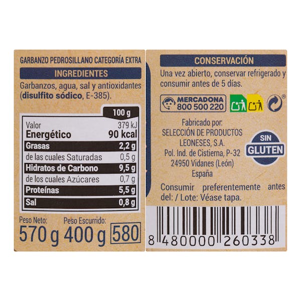 Garbanzo cocido Pedrosillano Hacendado
