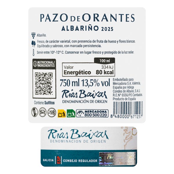 Vino blanco albariño Pazo de Orantes DO Rías Baixas