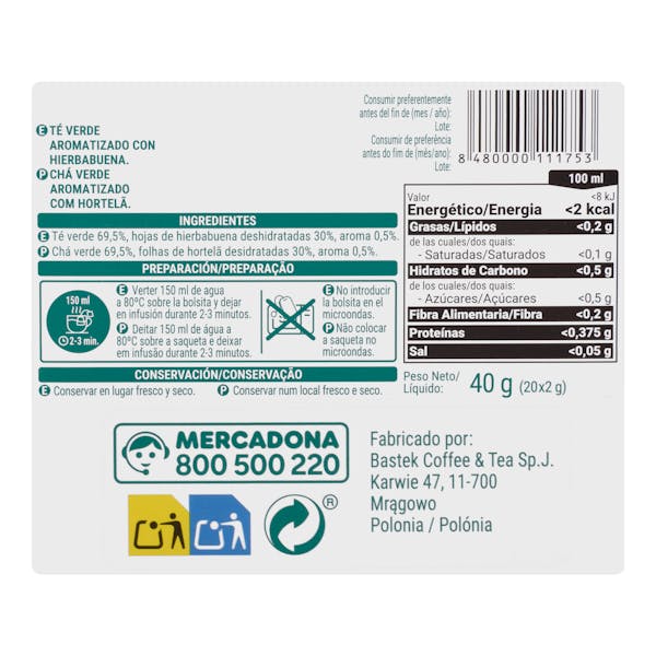 Té verde con hierbabuena Hacendado