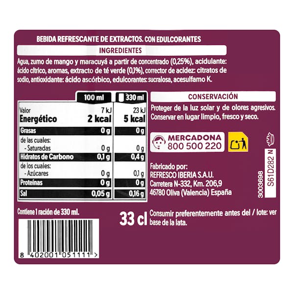 Refresco té verde Zero Hacendado sabor maracuyá y mango