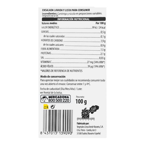 Ensalada mezcla dúo canónigos y rúcula lavada