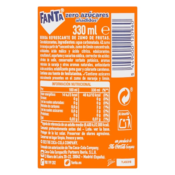 Refresco Fanta naranja zero azúcares añadidos