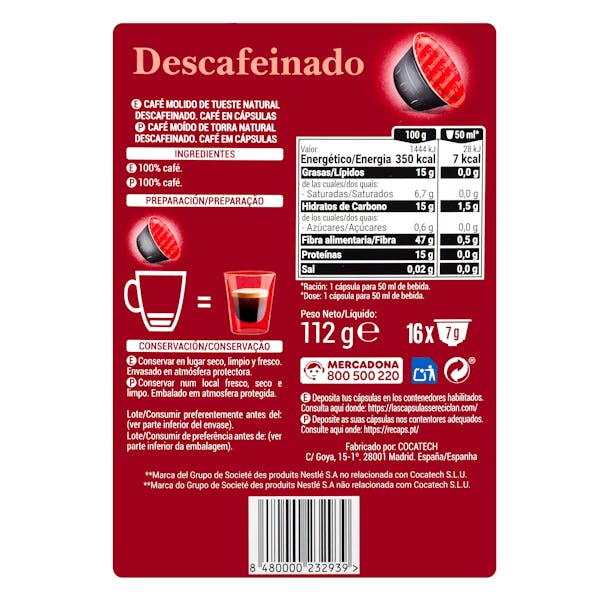 Café en cápsula descafeinado Hacendado