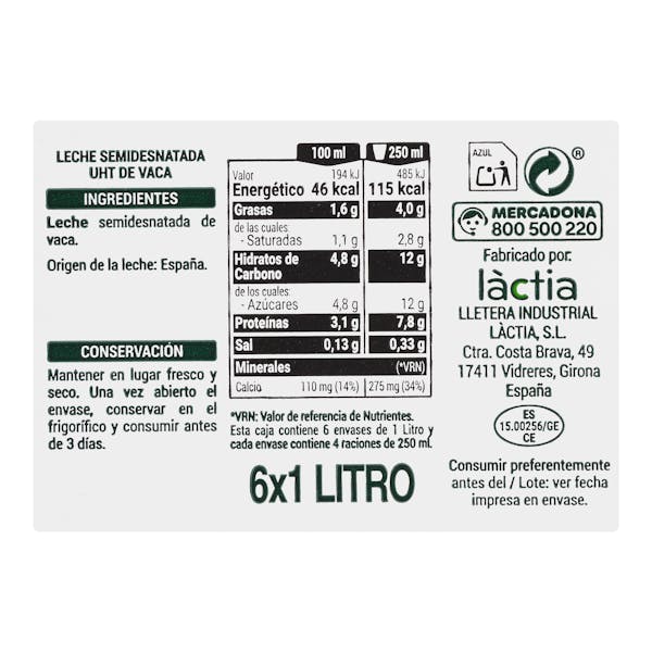 Leche semidesnatada Hacendado