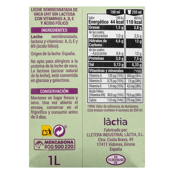 Leche semidesnatada sin lactosa Hacendado